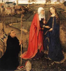 Visitation, from Altarpiece of the Virgin (St Vaast Altarpiece) by Jacques Daret via Wikimedia Commons. Public Domain